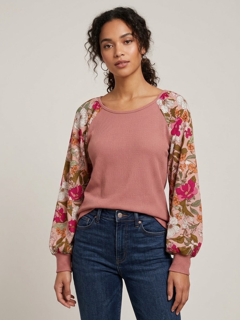 Bibi Vintage Style Floral Sleeves Waffle Knit Top, Pink/Terracotta,